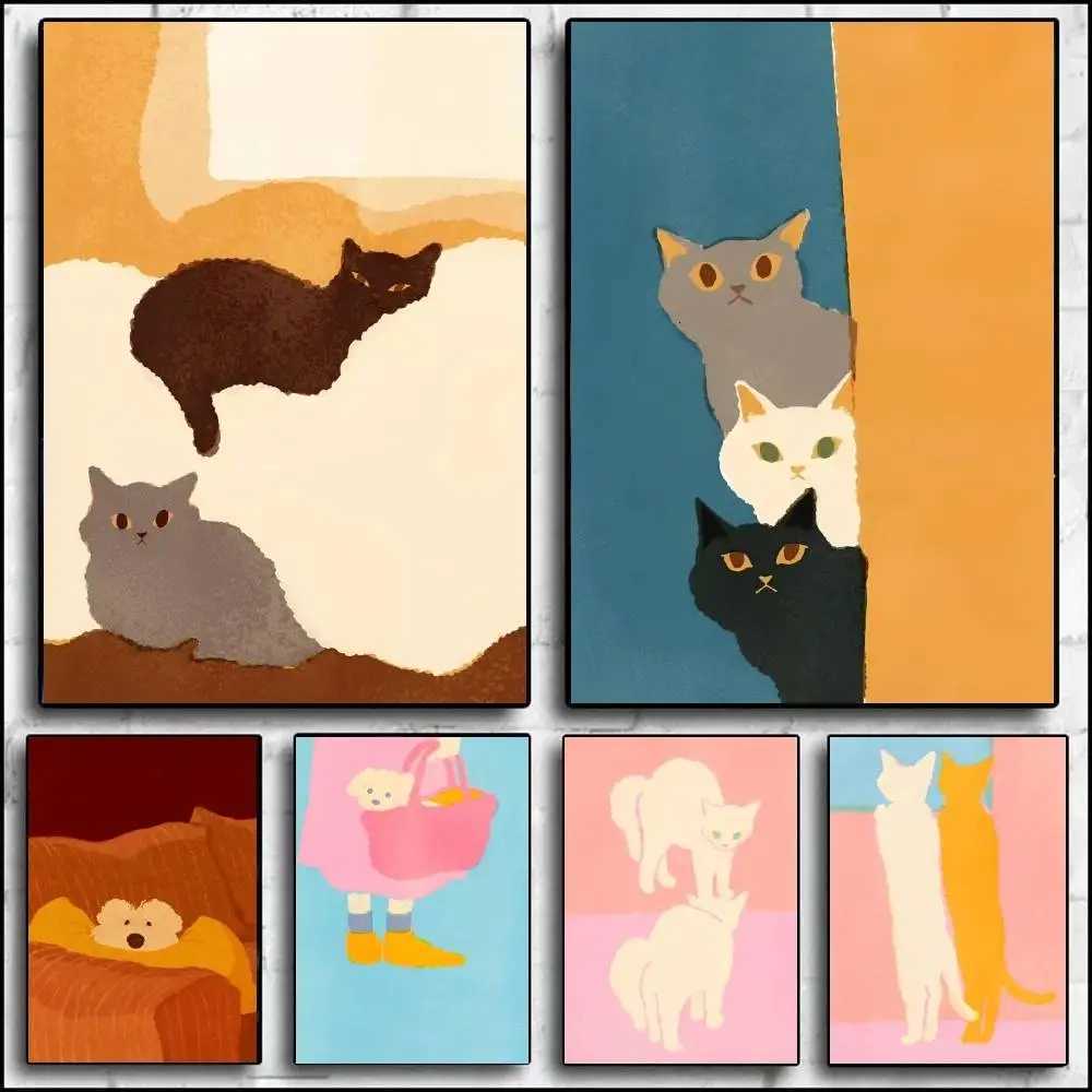 1PCCats And Dogs Daily Life Poster Self-adhesive Art Waterproof Paper Sticker Coffee House Bar Ro Wall Decor H251112-image-1084306037