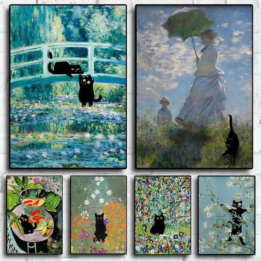 Famous Claude Monet Artwork Black Cat Poster Canvas Painting Posters and Prints Wall Art Picture For Living Ro Decoration H251112-image-1084307005