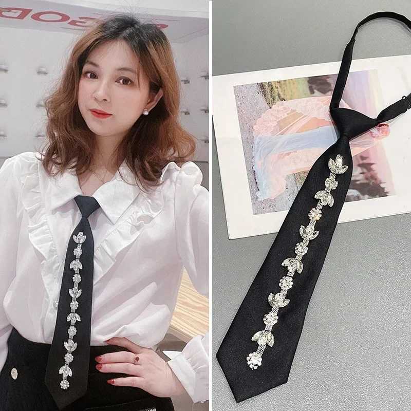 Retro Black Solid Neck Ties Student White Shirts for Women Crystal Rhinestones Bow Ties Casual Trendy Wedding Party NecktieW251111-image-1084187297