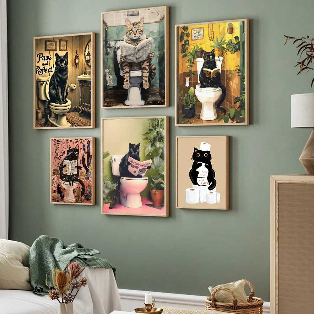 Funny Black Cat On The Toilet Reading Poster Bath Prints Canvas Painting Wall Art Pictures for Toilet WC Bathro Deco H251112-image-1084305815