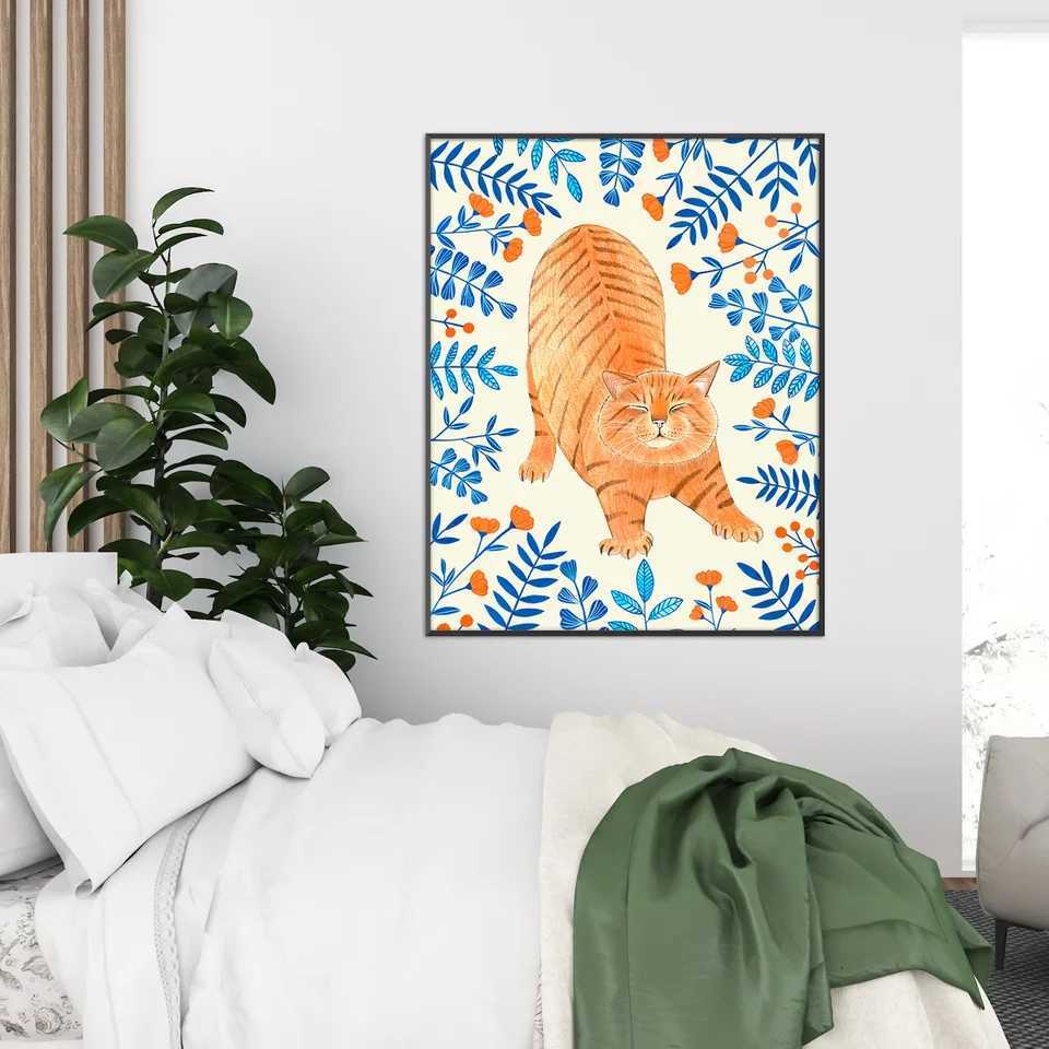Ginger cat wall art Floral art print Orange cat painting Kitten illustration artwork Nursery prints Flowers wall de H251112-image-1084307445