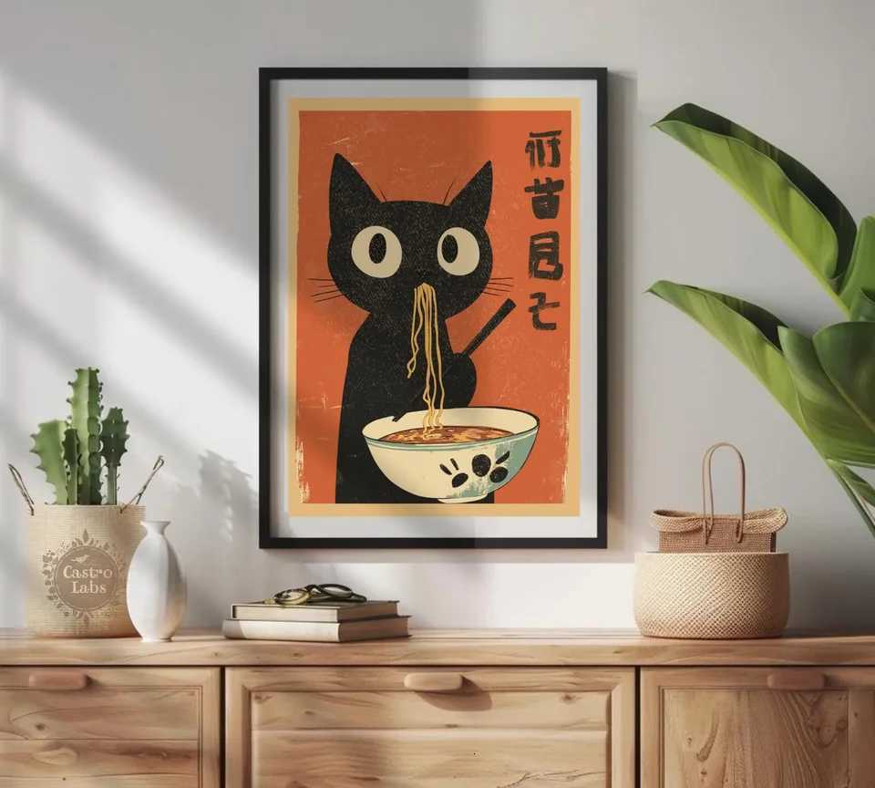 Hungry Black Cat Ramen Poster Japanese Food Art Print RO HOUSE HE DECORATION Gift Poster Retro Art H251112-image-1084306797