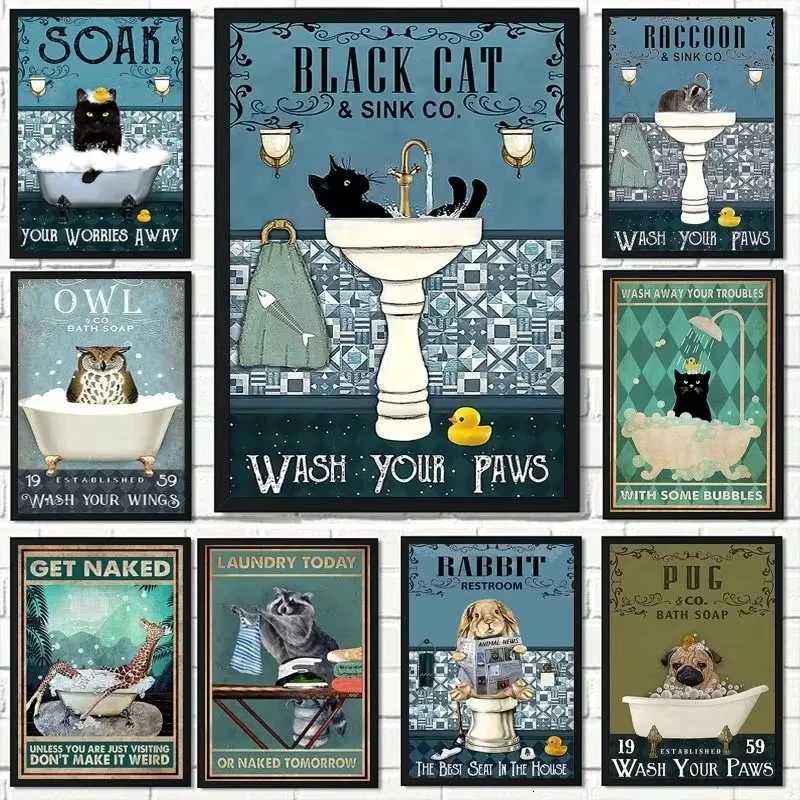 Cat Mermaid Pug Raccoon Panda Giraffe Bathtub Wall Art Print Canvas Painting Nordic Poster Wall Pictures Kids Ro Toilet Decor H251112-image-1084307583