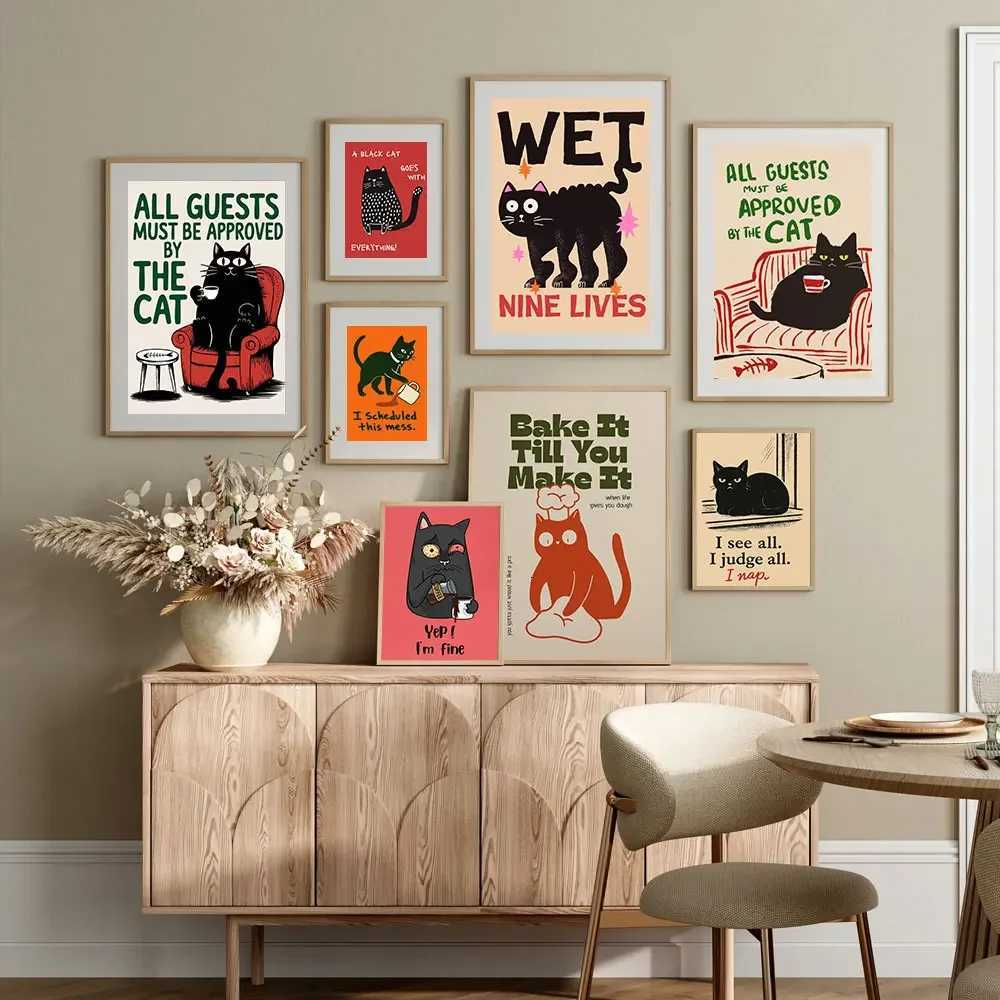 Modern Black Cat Wall Art Print Funny Poster Cute Kitten Illustration Canvas Painting Gift He Decor H251112-image-1084306863