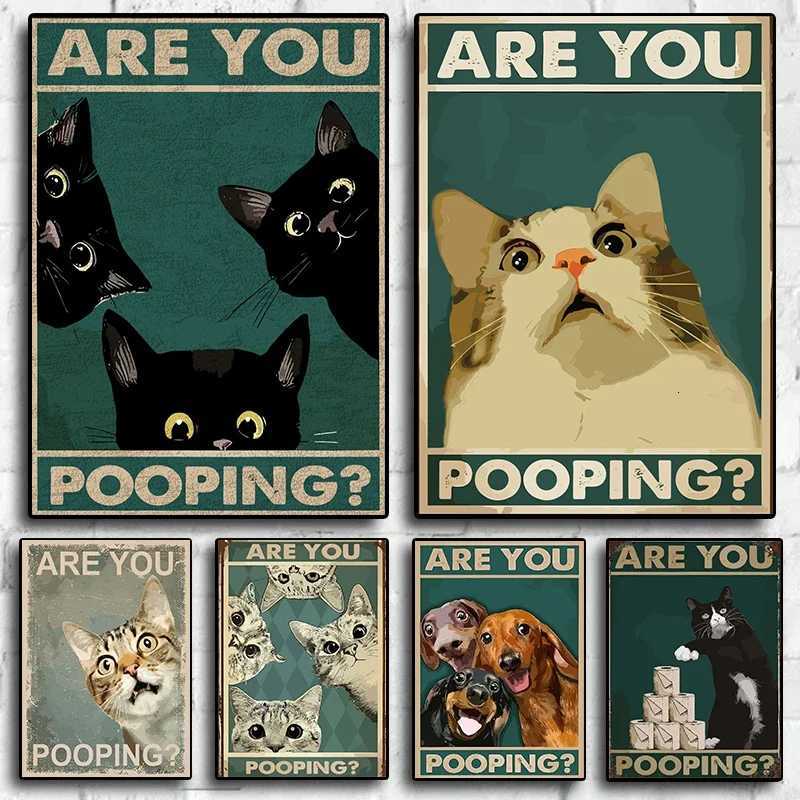 Vintage funny toilet s cats and dogs are you pooping Funny bathro signs poster canvas painting art he bathro decor H251112-image-1084307565
