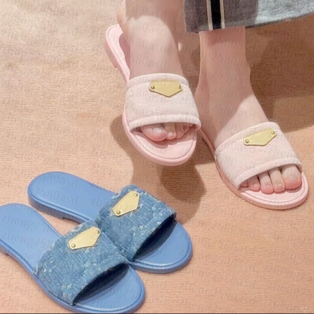 Summer Lily Flat Mule slipper Pink Denim Sandal Sac Designer Sliders Pink shoe cherry blossom leather Pool slide Womens murakami Luxury Beach travel