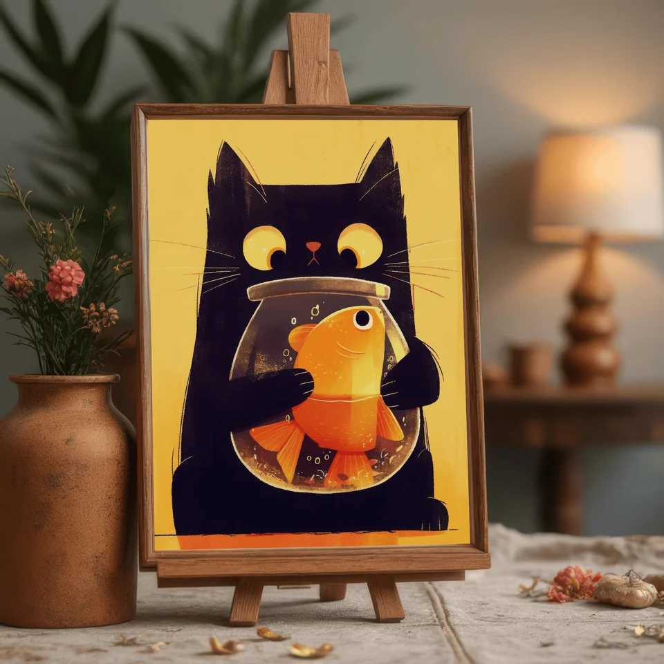 Big Eyed Cat with Fish Bowl Wall Art Printable Playf Kitten Digital Print Charming Pet Lover Decor - Modern Art Printab H251112-image-1084307985