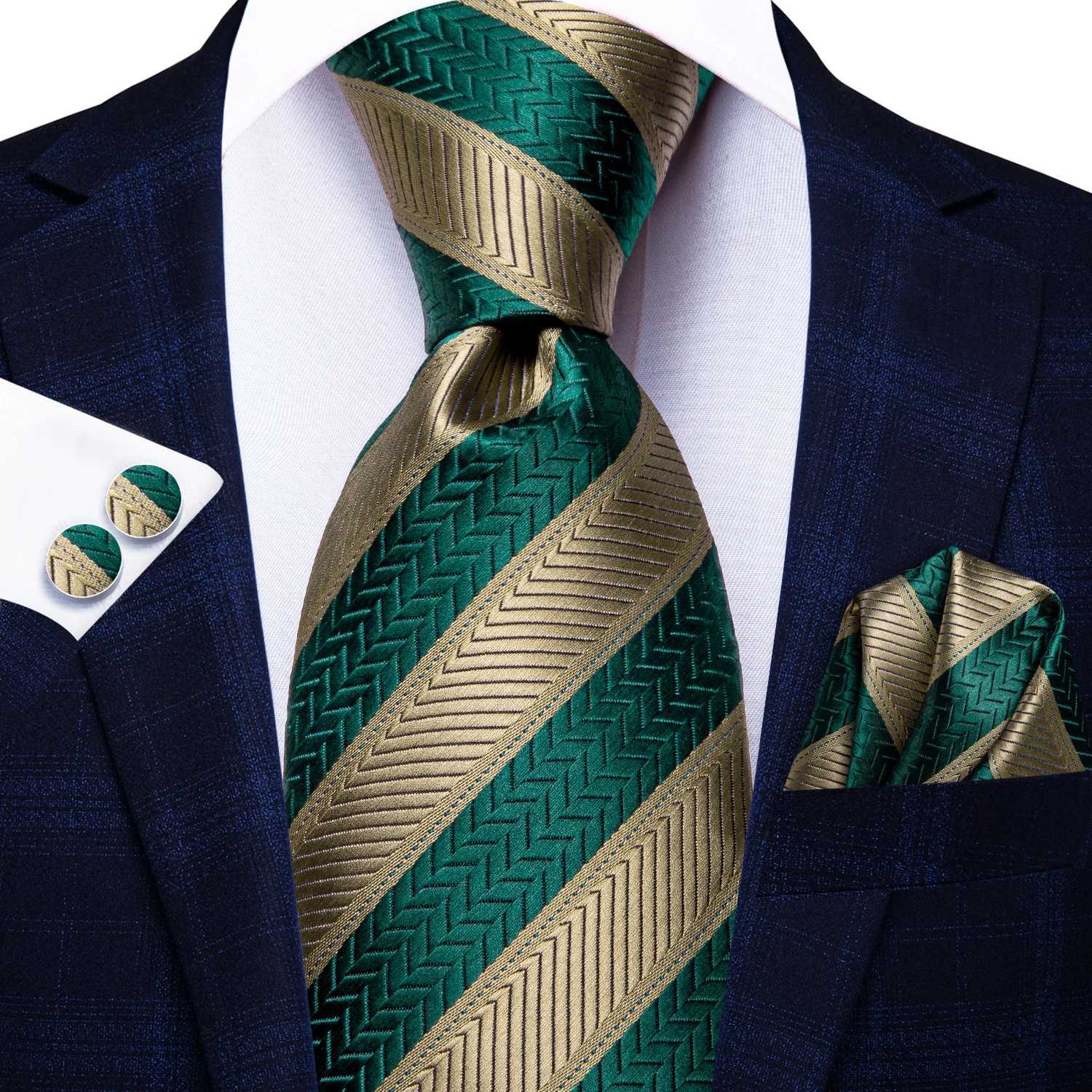 Hi-Tie Green Striped Elegant Mens Ties Solid 85cm Jacquard Necktie Accessories Daily Wear Cravat Wedding Party Gift 3PCS SetW251111-image-1084187327