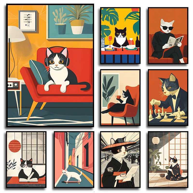 Funny Art s Cute Cat Reading Books Playing Piano Wall Art Canvas Painting Posters and Pictures for He Living Ro Decor H251112-image-1084306590