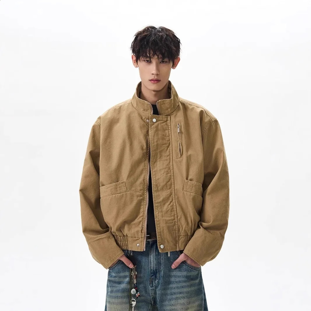 Spring and autumn mens casual trend washed retro stand up collar zipper canvas jacket American fashion retro bomber jacket 250410