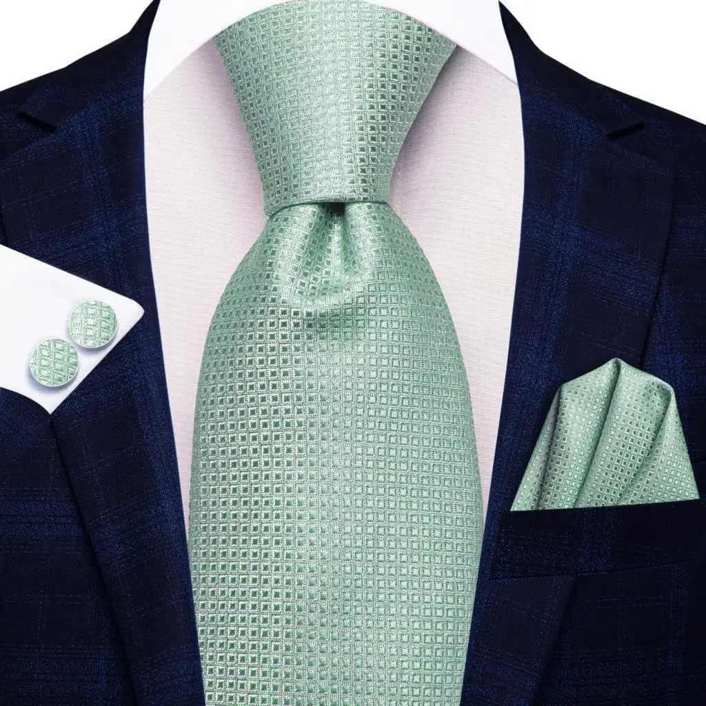 Gift Tie for Men 2023 New Sage Green Plaid Fashion Brand Wedding Party Necktie Handky Cufflinks Hi-Tie DesignerW251111-image-1084187135