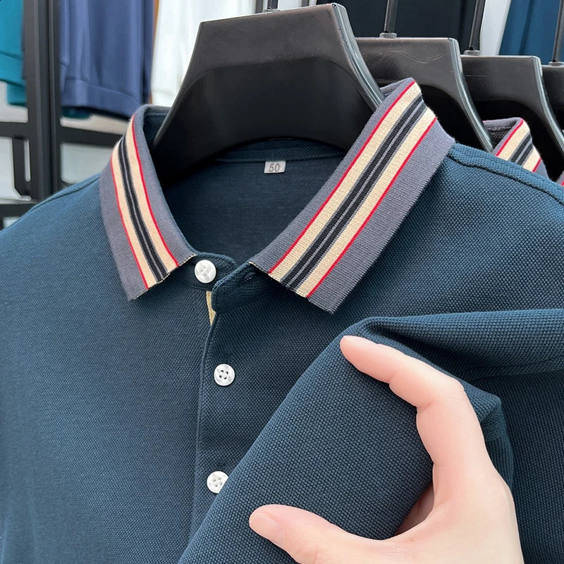 High end fashion polo shirt long sleeved mens 100% pure cotton breathable top spring and autumn casual striped lapel T-shirt 250411
