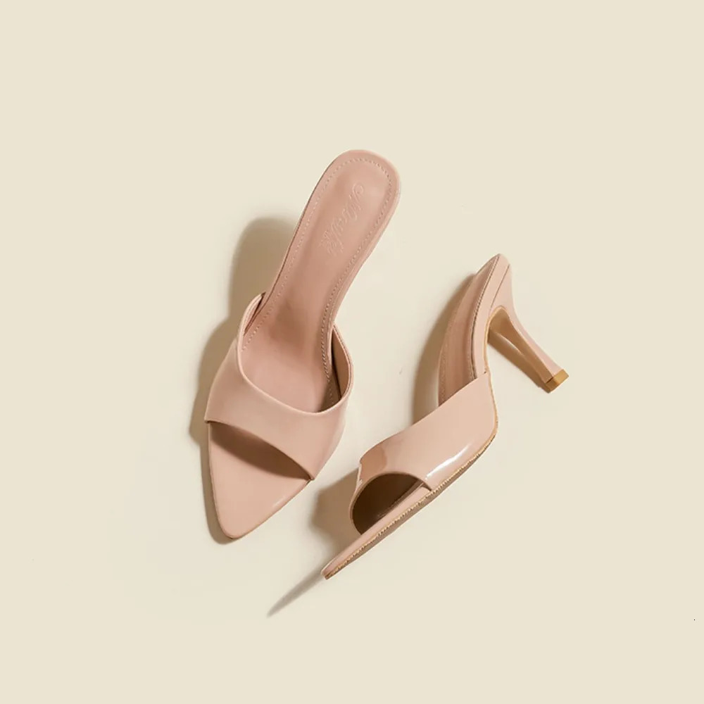 Womens Slippers 2025 New Summer Slim Heel Pointed Toe Worn with A Straight Drag Patent Leather High-heeled Slippers for Womens 251204