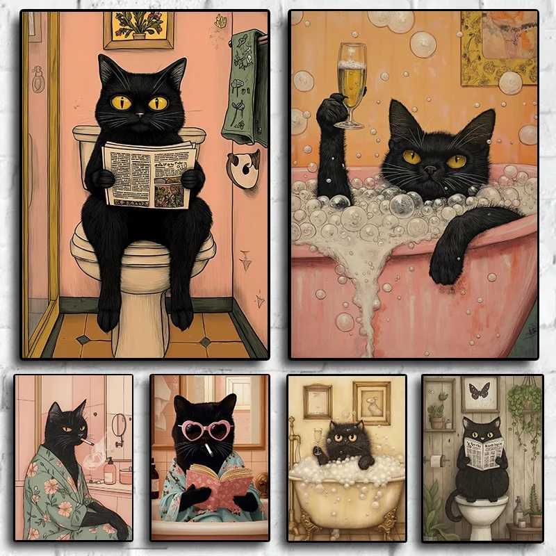 Funny Bathro Illustration Fashion Black Cat in Bathtub Cute Kitten Poster Canvas Painting Wall Art Pictures He Toilet Decor H251112-image-1084308137
