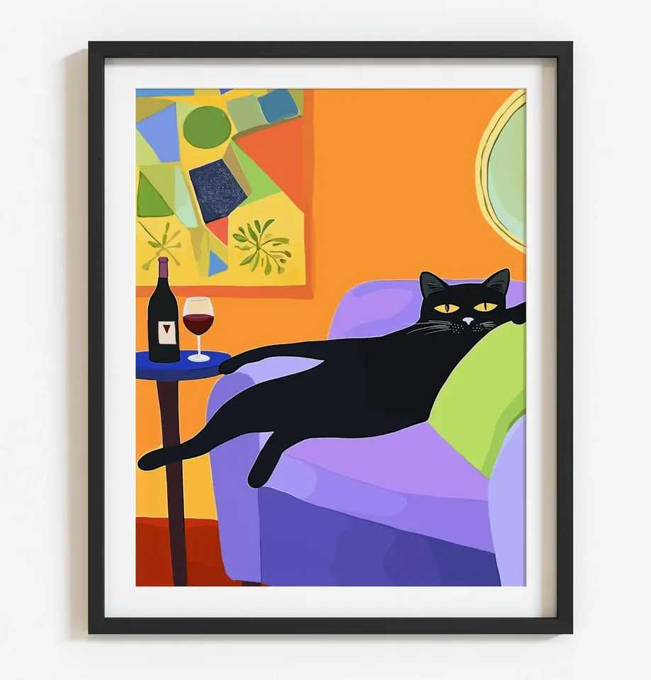 Retro Black Cat Wine Wall Art Bar Cart Decor Cocktail Art Wine Bar Decor Vintage Mid Century Black Cat Print Eclectic Wall Art F H251112-image-1084306893