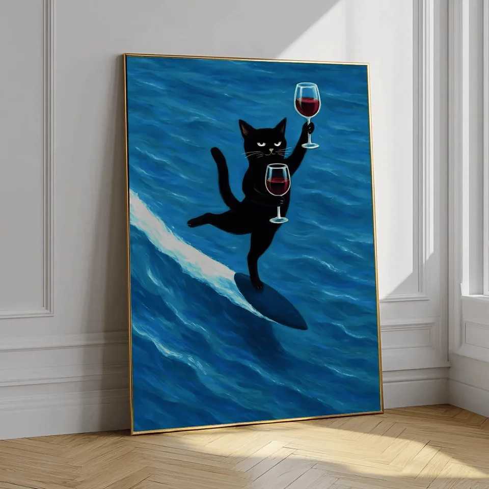 Bar Cart Decor Cat digital print poster Wine Print Retro Kitchen Decor Mid Century Modern Decor Trendy Wall Art Cheers Print H251112-image-1084306627