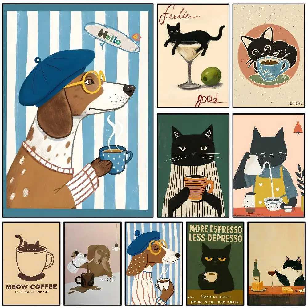 Boho Minimalist Cartoon Dog Cat Cafe Poster Art With Prints He Bedro Living Ro Decoration Gift H251112-image-1084306471