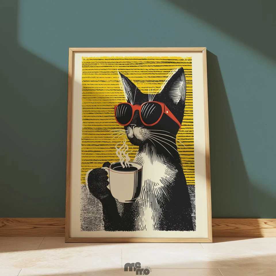 Cool Cat Drinking Coffee Wall Art Funny Cat with Red Sunes Vintage Art Quirky Pet Premium Matte Paper Poster for Cat H251112-image-1084306018