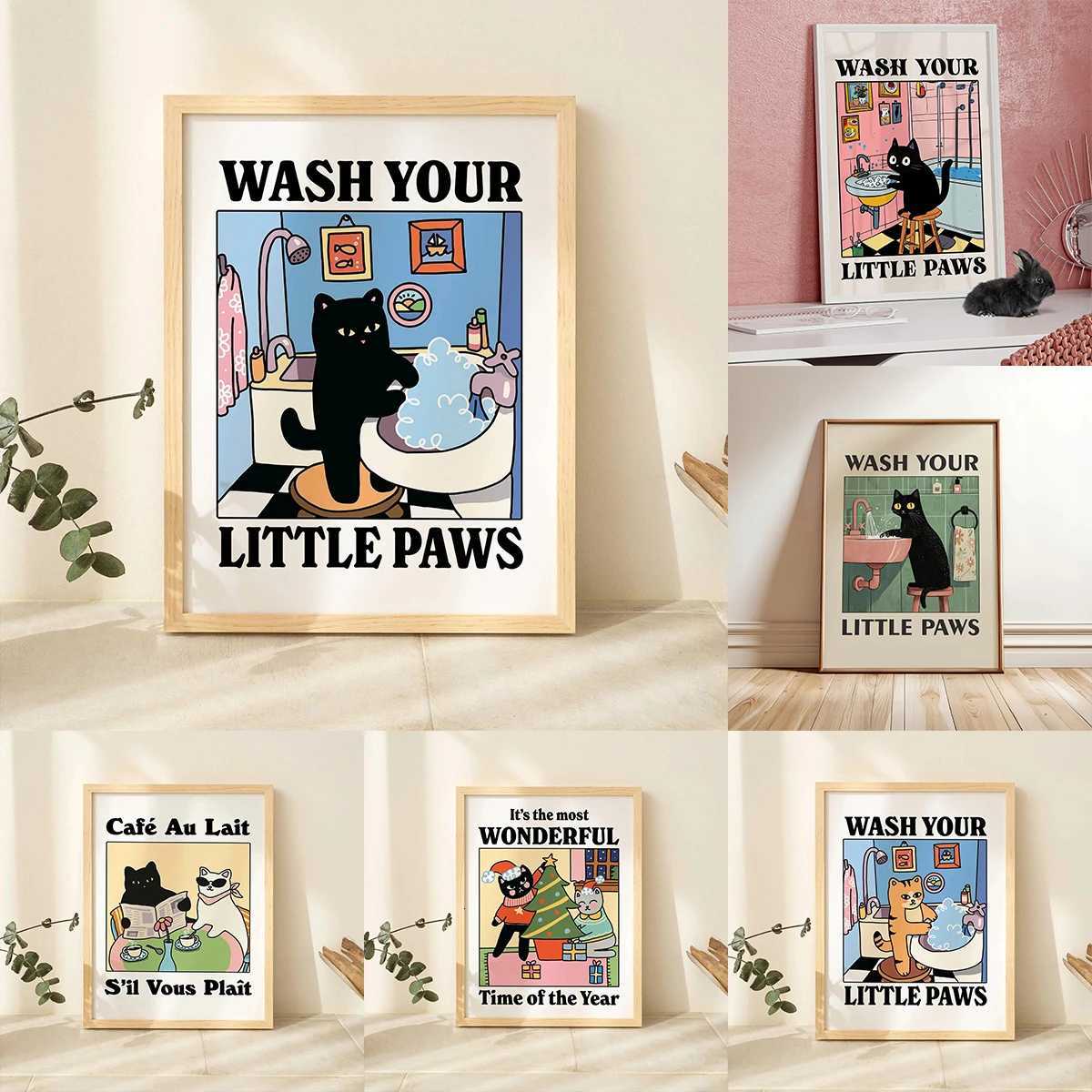 Cute Wash Paws Cat Canvas Print Kawaii WashRo Bathro Nursery Wall Art Poster for Modern Living Ro Bedro He Decor H251112-image-1084305803