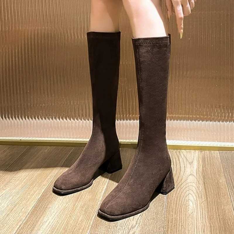 Women Knee High Boots High Heels Shoes Elegant Square Toe Chunky Chelsea Designer 2025 Winter New Party Woman Pumps ZapatillasXJ251112