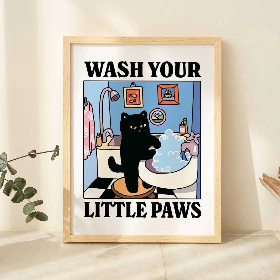 Wash Your Plttle Paws Bathro Black Cat Wall Art Prints Canvas Painting Poster Picture For Living Bed Ro He Decor H251112-image-1084308012