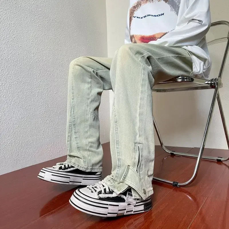Trouser Zipper Punk Mens Jeans Flared Bootcut Mens Jeans with Stitch Stacked Cotton Kpop Trend Fashion Xs Harajuku 250410