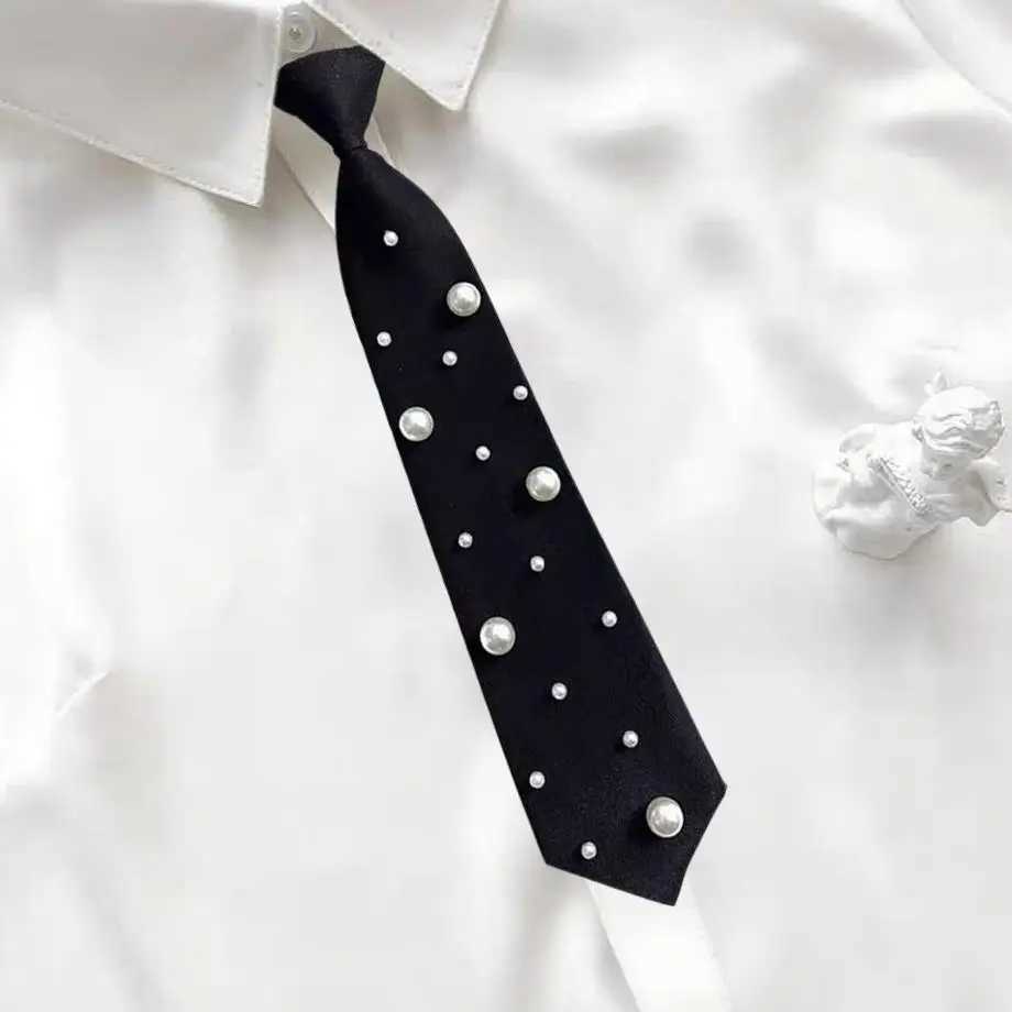 Pearl Beaded Black Ties JK Black Choker Hand-beaded Long Necktie Academic Style Decoration Shirt Tie JK Uniform Decoration ShirtW251111-image-1084187298