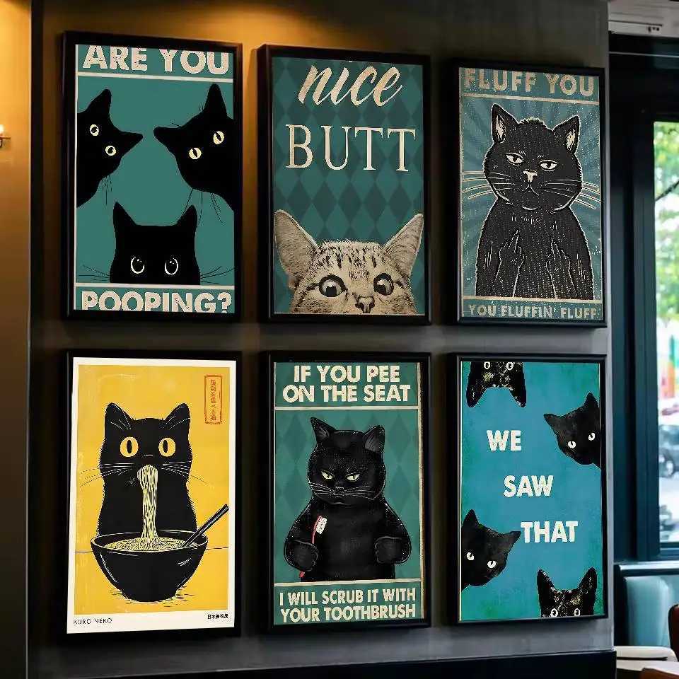 Cute Black Cat Art Are Poster Self-adhesive Art Waterproof Paper Sticker Coffee House Bar Dorm Ro Wall Decor H251112-image-1084306856