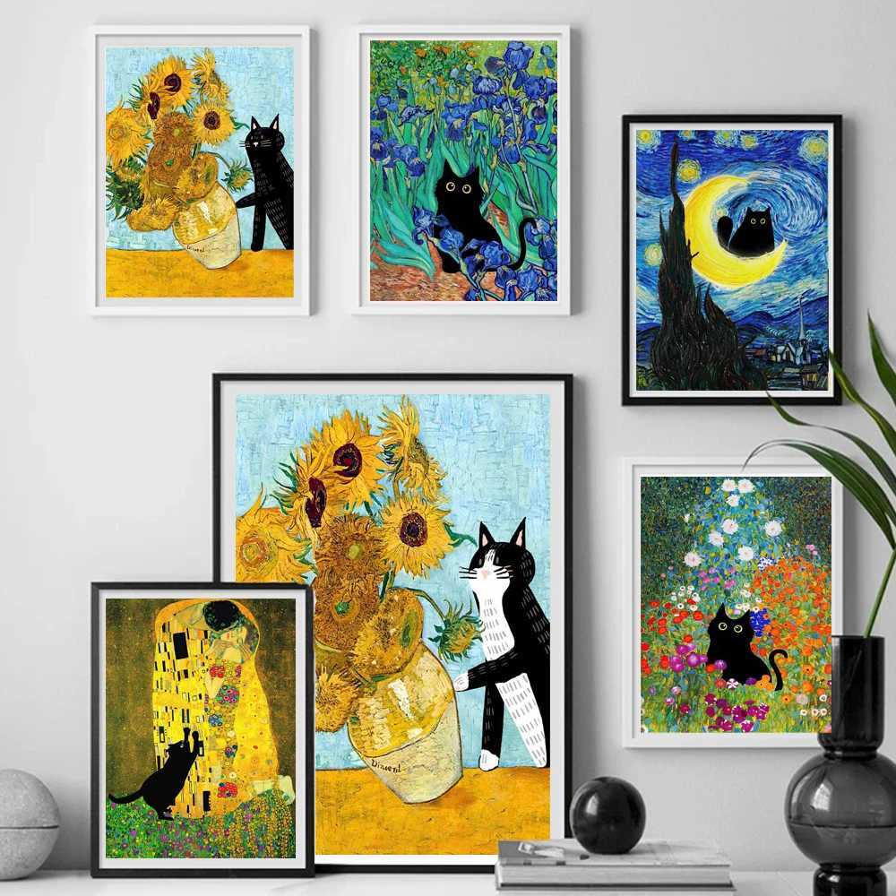 Abstract Black Cat Knocks Van Gogh Suower Funny Poster Graffiti Art Background Wall Canvas Painting Decorative Print Picture H251112-image-1084307942