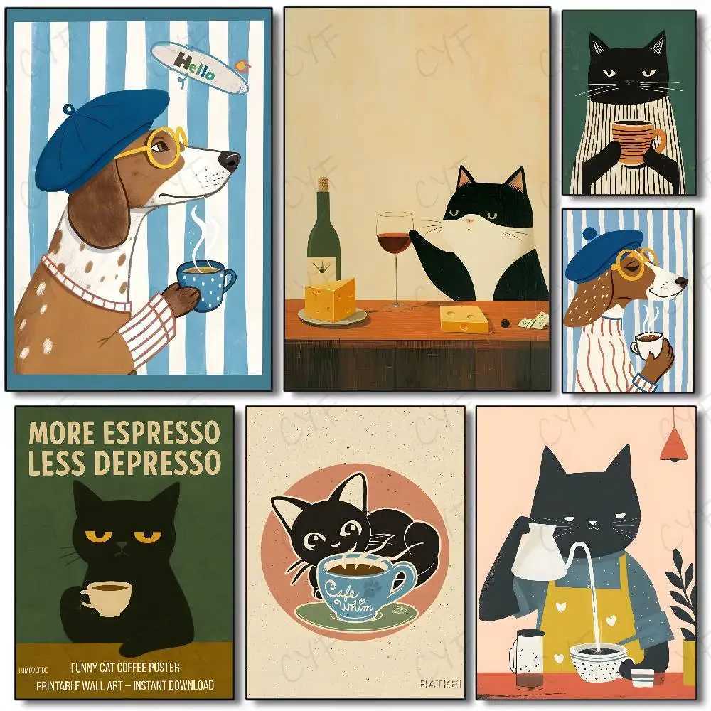 Boho Minimalist Cartoon Dog Cat Cafe Poster Art painting poster with prints He bedro living ro decoration gift H251112-image-1084306133