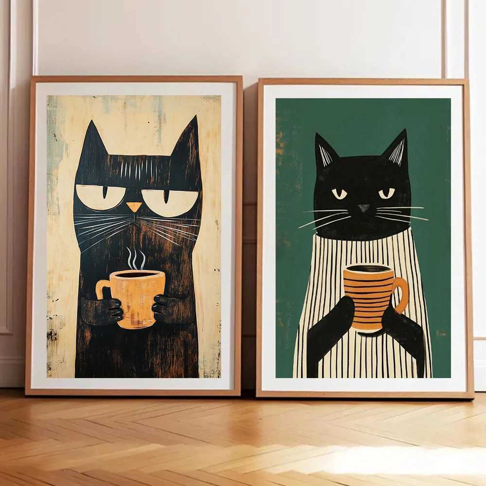 Whimsical Black Cat Drink Coffee Poster For Bedro Nursery Cartoon Canvas Painting Cute Cat Illustration Print Wall Art H251112-image-1084305874