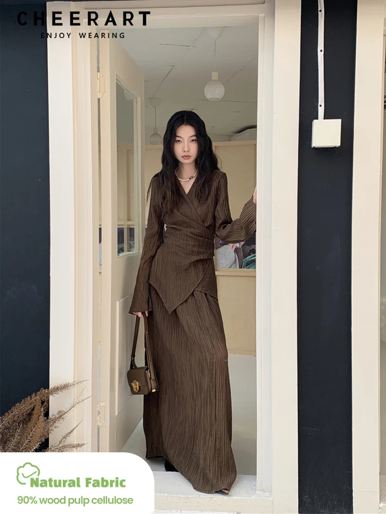 CHEERART Brown Pleate Elegant 2 Piece Sets Women Outfit V Neck Long Sleeve Cardigan Top And Maxi Skirt Set Fall Clothes 250409