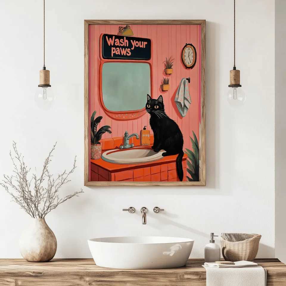 Retro Bathro Wall Art Wash Your Paws Cat Poster Funny Printable Art Pet Lovers y Decor Vintage Cat Lover Print Gift Bathro H251112-image-1084306717