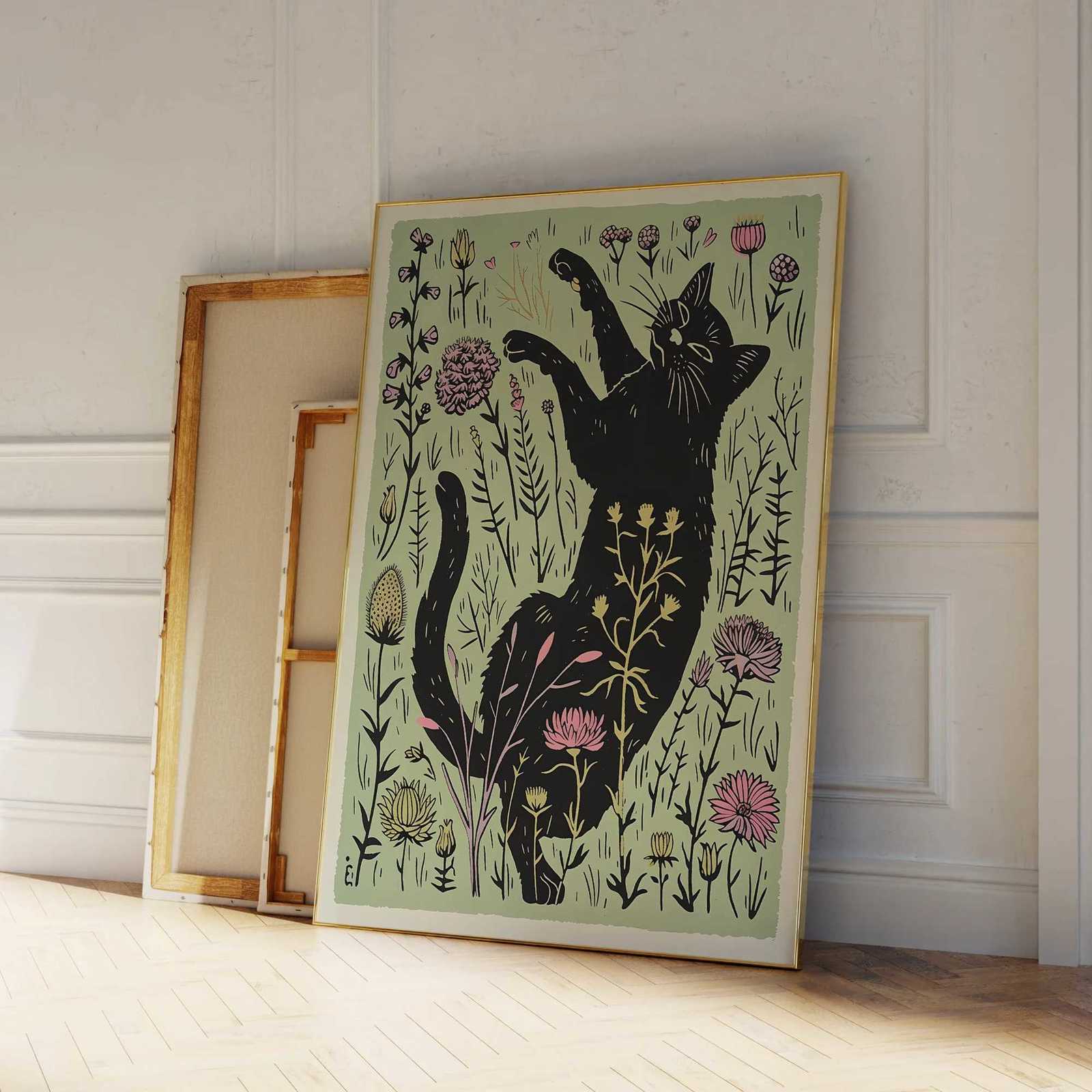 Modern Cute Black Cat With Flowers Lllustration Wall Art Prints Canvas Painting Poster Picture For Living Ro He Decor H251112-image-1084306776