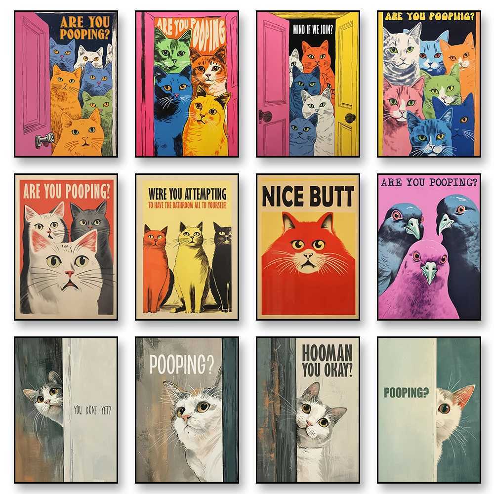 Are You Pooping Funny Cat Canvas Wall Art Print Poster Bathro Cat Maximalist Decorative Painting He Decor Unframed H251112-image-1084307545