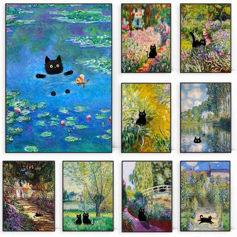 Claude Monet Artworks Intere Cute Black Cat Lotus Pond Poster Canvas Paintings Wall Art Pictures for Living Ro He Decor H251112-image-1084308477