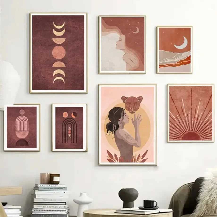 Abstract Canvas Painting Boho Wen Leopard Moon Star Posters Coral Lines Wall Art Printing Picture Bedro Living Ro Decor H251112-image-1084308598