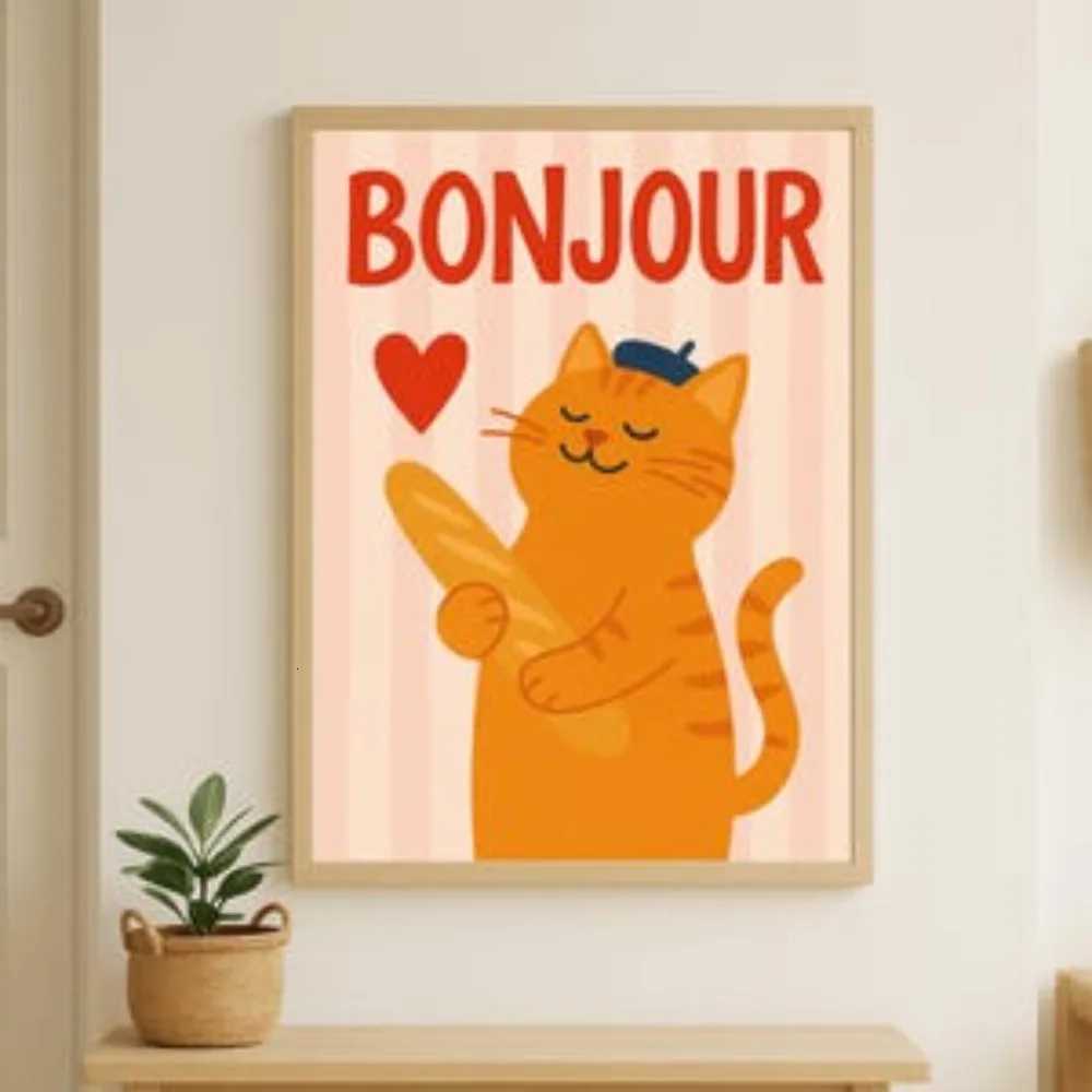 1 Piece Frameless French Cat Wall Art Print Kitchen Entrance Decor Cat Poster French Theme Print Funny Cat Bonjour He Decor H251112-image-1084305974