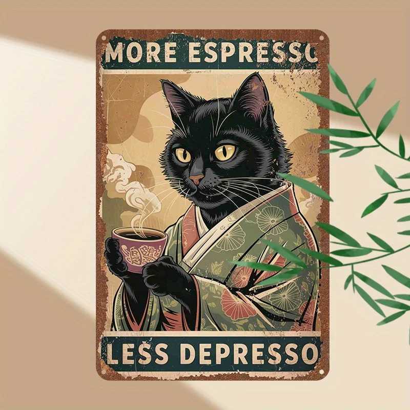 Metal Tin Sign - More resso Less Depresso Cat with Coffee Design Retro Wall Art for He Cafe Bar Garage Decor H251112-image-1084307867