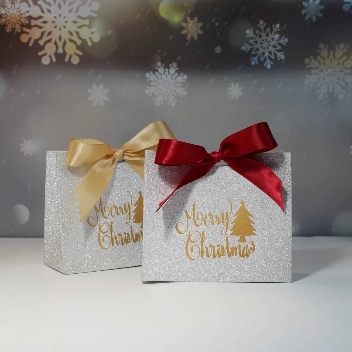 Merry Christmas Gift Box and Bags with Ribbon for Wrapping Cookies and Candy Box Christmas Gift Bags Gold Foil Design and RibbonM251113-image-1084492350