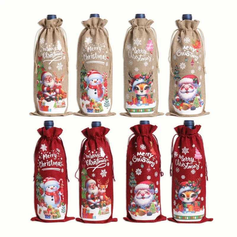 4/8pcs Christmas Wine Bottle Gift Bags - Burlap Reusable Fabric Drawstring with Blank Labels Rope Ideal for Christmas Gifting M251113-image-1084491339