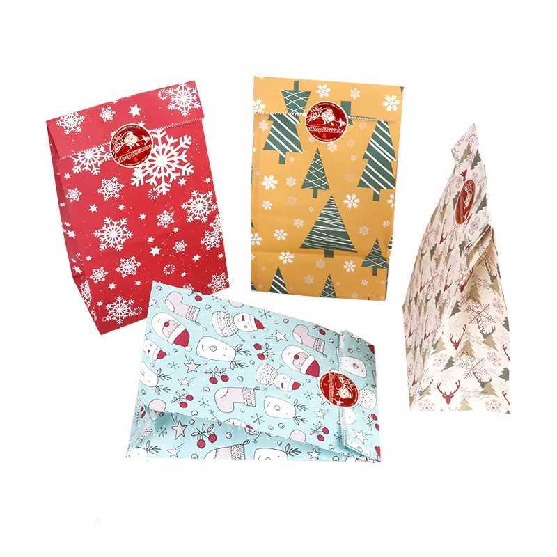 24pcs Christmas Kraft Paper Bags Snowflakes Candy Gift Bags Merry Christmas Decoration Gift Wrapping Treat Bags With Stickers M251113-image-1084492338