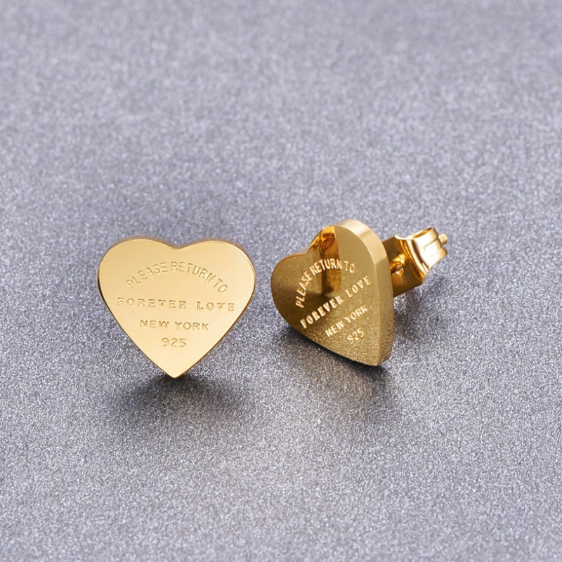 Women Engraved Heart Stud Earrings 18K Gold Plated Stainless Steel Letter Print Heart Ear Jewelry Hypoallergenic Daily Wear Valentine Gift