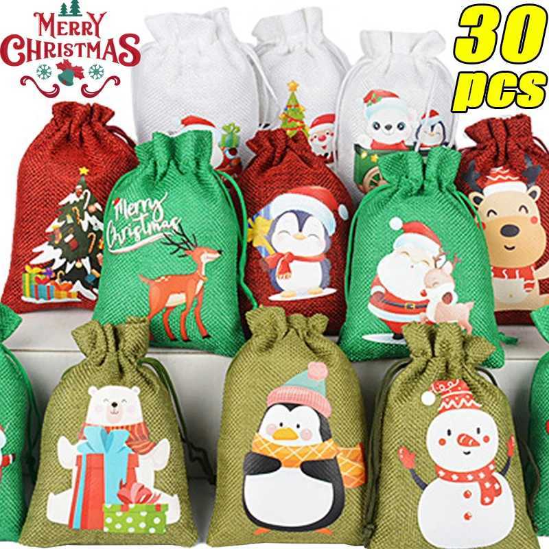 30/1pc Christmas Hessian Bag Linen Drawstring Candy Bags Candy Snack Wrapping Pouch Kids Xmas Party Favor Gifts Jewelry StorageM251113-image-1084492390