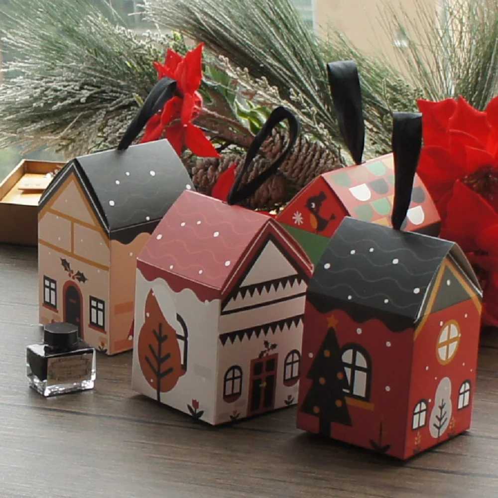 12 Pcs Christmas House Cat Tree Elk Design Paper Box Candy Gift Packaging Boxes Party Decoration Chocolate Macaron Packing M251113-image-1084490484