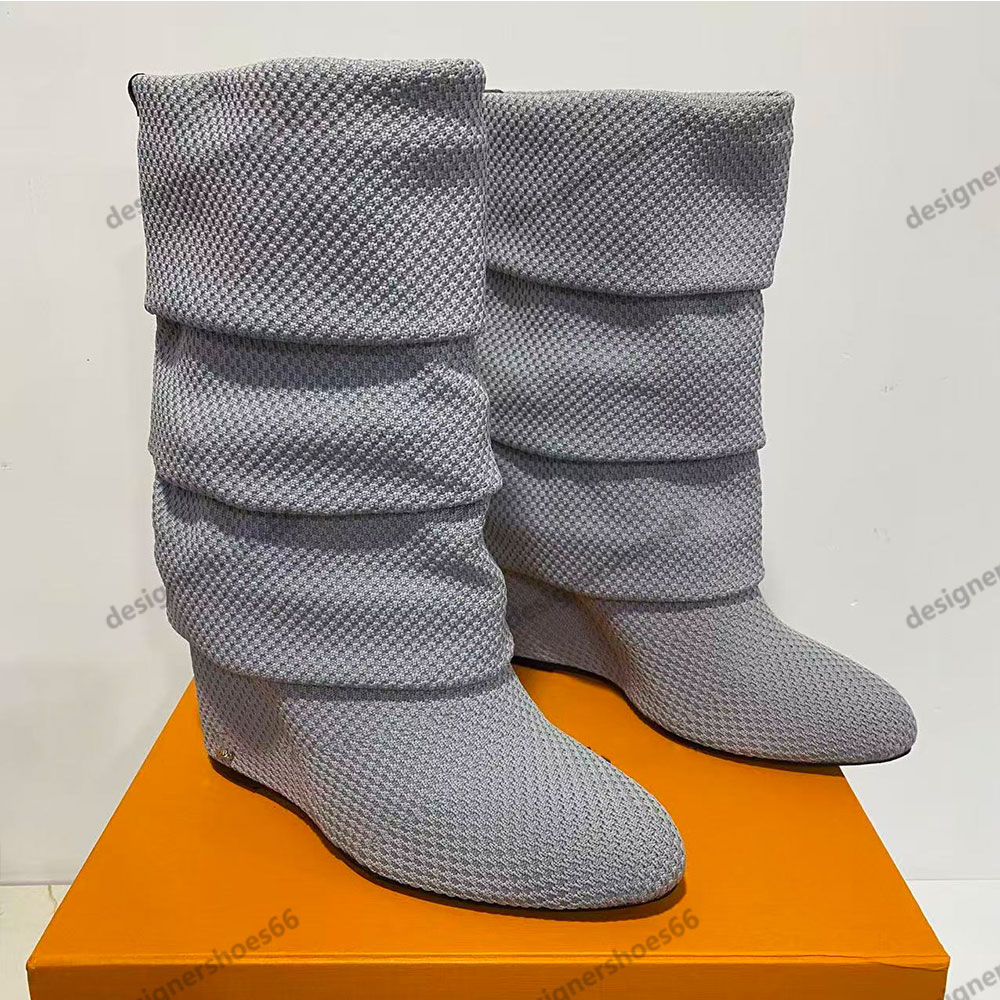 New Womens Summer Mid Wedge Boot designer boots 1AISEK Gray knit boots Signature elegantly slouchy silhouette Comfort Fashion Luxury Autumn Winter B