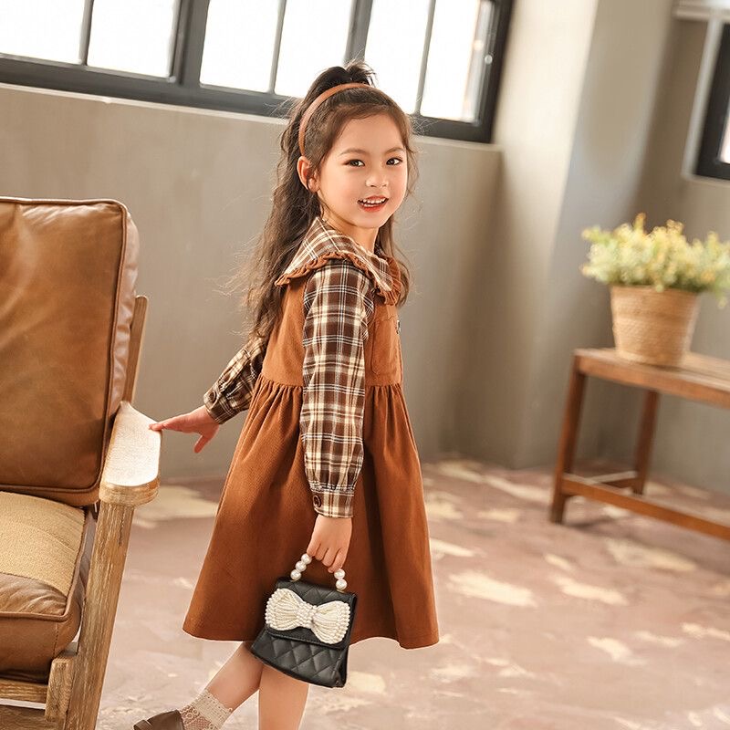 D665 Corduroy vest and skirt set, 2025 autumn plaid shirt dress, Korean style preppy look-image-1084375153