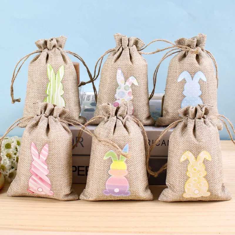 6pcs Easter Burlap Candy Bags Bunny Pattern Jute Linen Treat Gift Bags for Easter Kids Cookies Snack Pack Bags Party Decorations M251113-image-1084491432