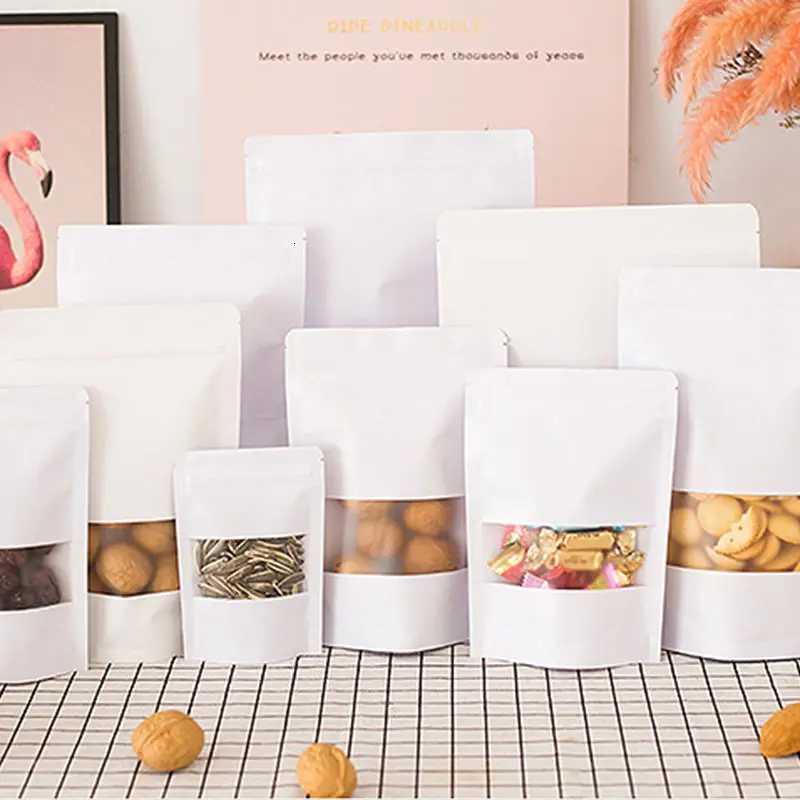 Thick White Kraft Paper Bags with Window Zip Self Seal Bags Vertical Food Dried Fruit Packaging Bags Wedding Gift Seal BagsM251113-image-1084490518