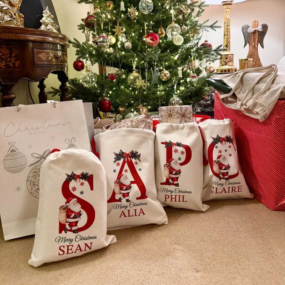 30x40cm Personalised Santa Sack Custom Name Initial Xmas Gift Bag for All Ages Christmas Present Sack Stocking Style DecorM251113-image-1084489933
